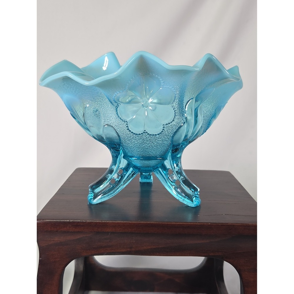 Ice Blue Daisy and Plume Opalescent Rim Footed Rose Bowl